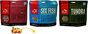 Orijen - Gato seco en congelación, Trata 3 sabores Variedad con Catnip Mouse Toy Bundle, 1 Cada uno: Whole Prey Cordero hígado Tripe, Seis Peces, Tundra (1.25 onzas)