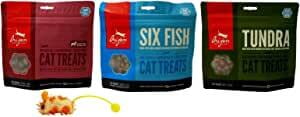 Orijen - Gato seco en congelación, Trata 3 sabores Variedad con Catnip Mouse Toy Bundle, 1 Cada uno: Whole Prey Cordero hígado Tripe, Seis Peces, Tundra (1.25 onzas)